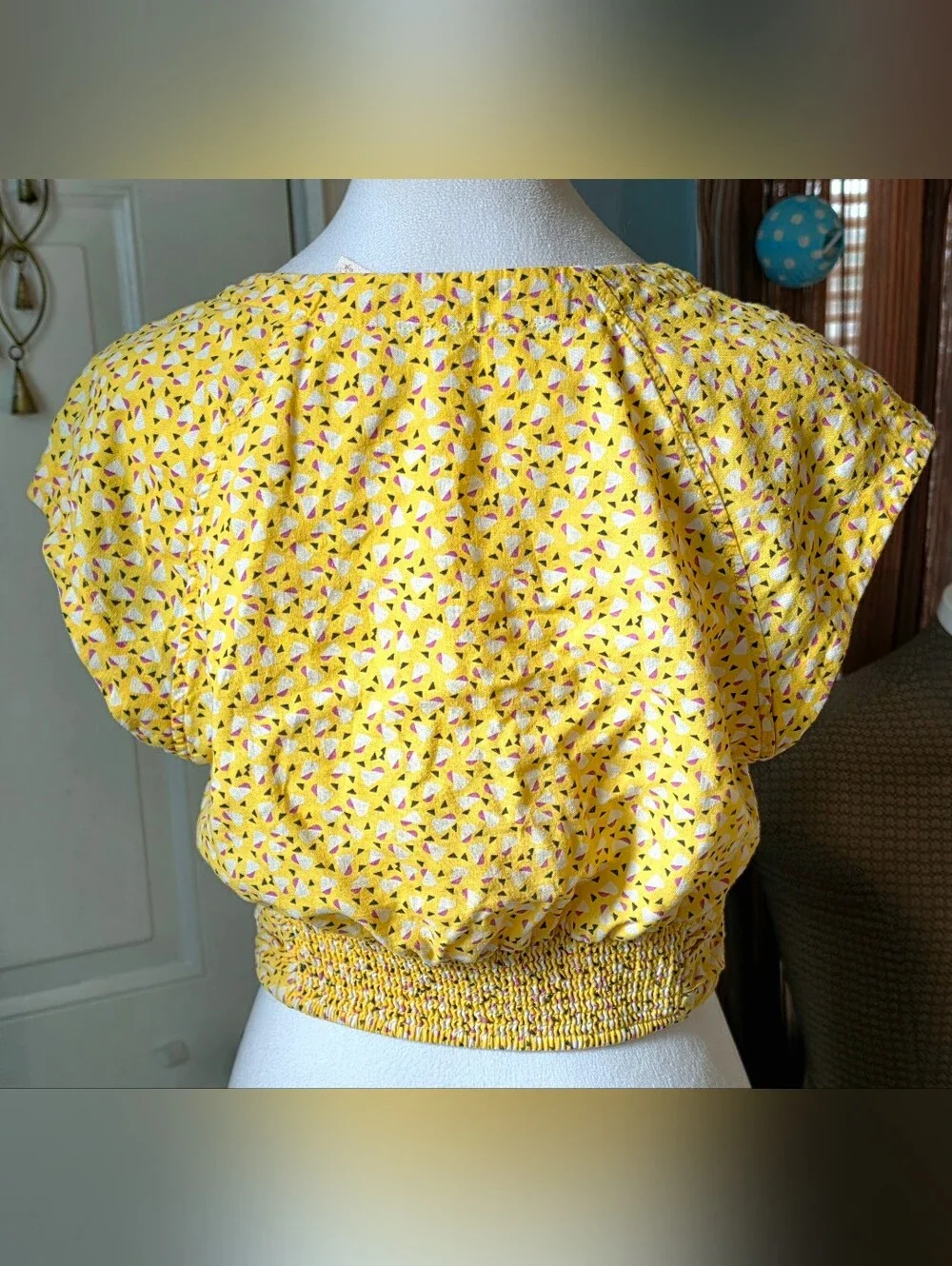 Free People Havana Honey Printed Crop Top Women's S Yellow Geometric Retro Linen